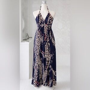 Express Navy Floral Maxi Dress with Cream & Red Accents